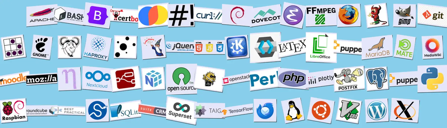 Open Source Logos - a montage of some of the tools we consider essential.
Links are below.